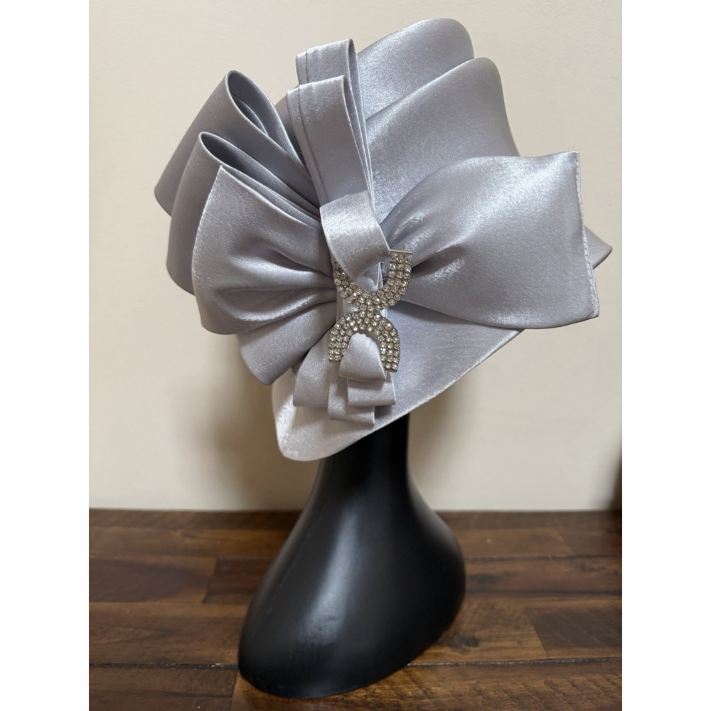 HI's Silver Gray Church Hat Rhinestone Bow Wedding Kentucky Derby Mother Bride